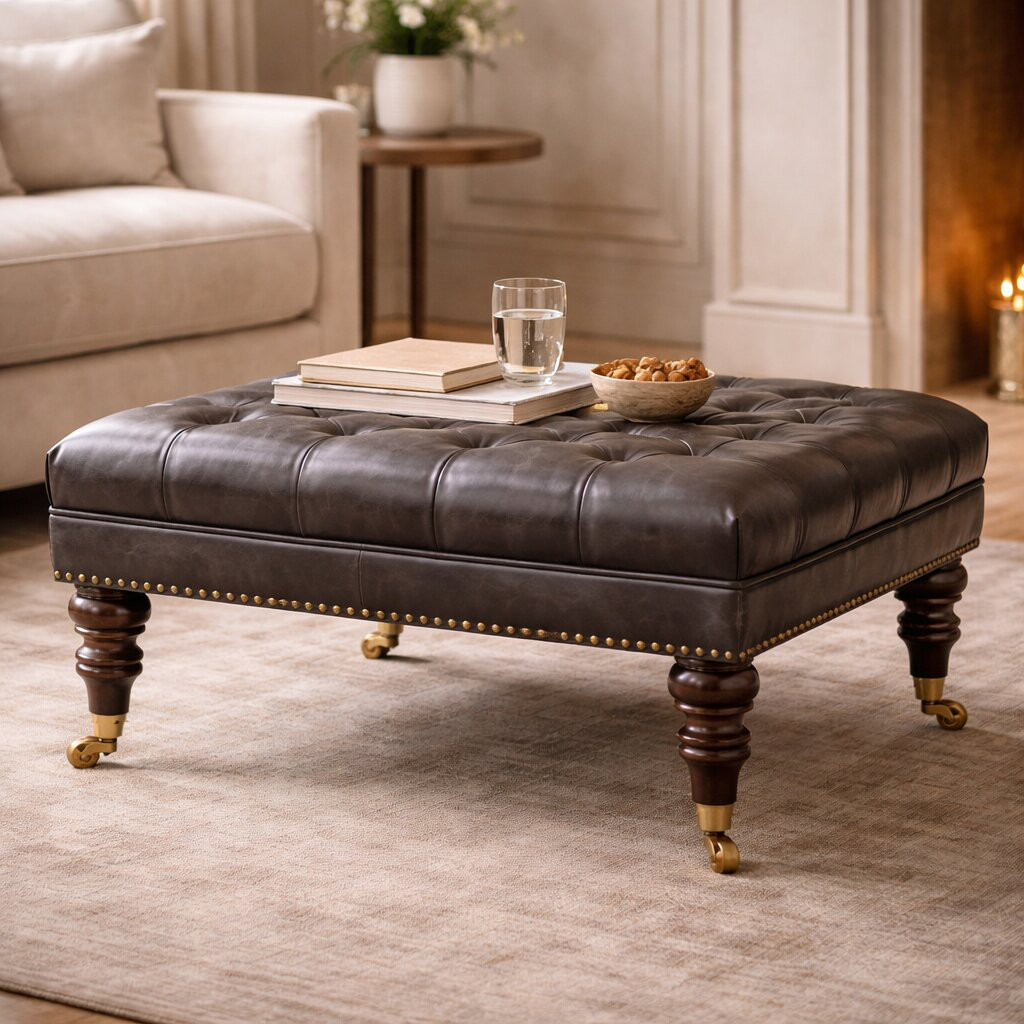 Leather world オットマン Canora Grey Black Leather Upholstered Ottoman | Wayfair